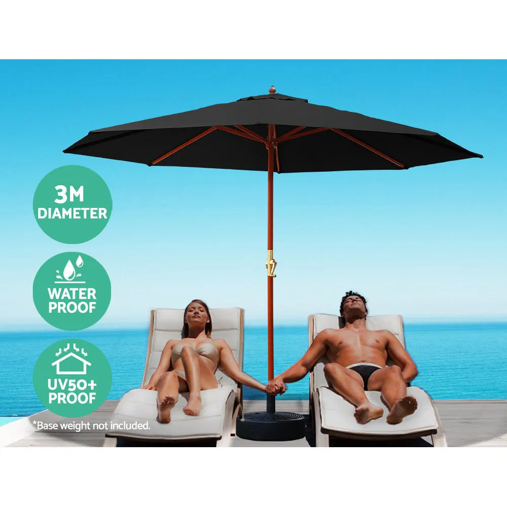 3m Outdoor Umbrella | w/Base | Pole Umbrellas | Garden Sun Stand | Deck | Black