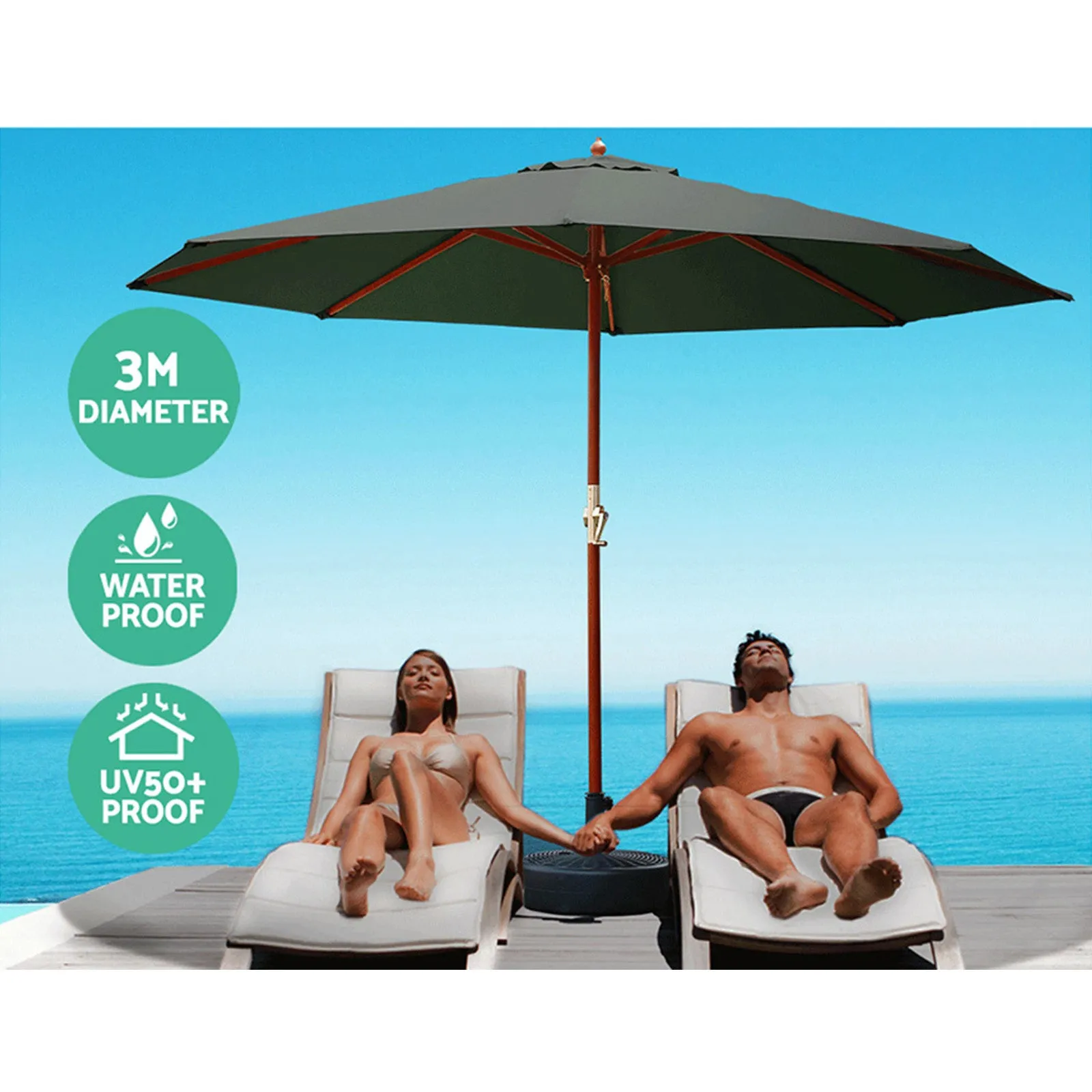 3m Outdoor Umbrella | w/Base | Pole Umbrellas | Garden Sun Stand | Deck | Charcoal