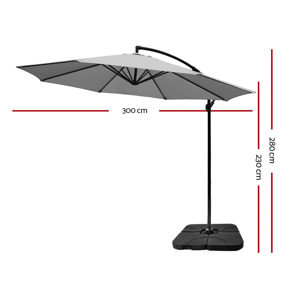 3M Umbrella | w/50x50cm Base | Outdoor Umbrellas | Cantilever Sun Stand | UV Garden | Grey