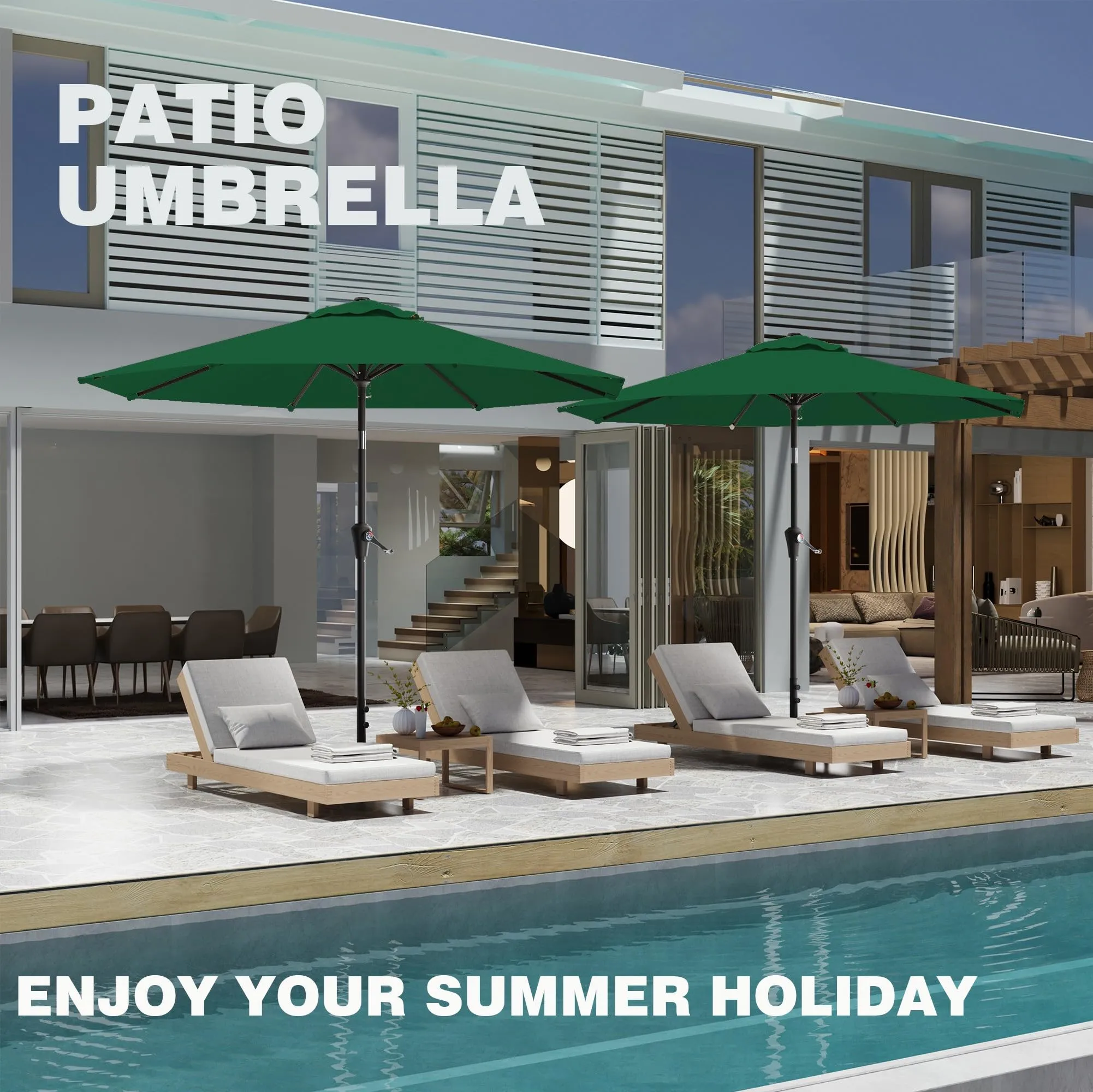 AreShark 9 FT Patio Umbrella for Outdoor, Outdoor Umbrella with Push Button Tilt and Crank, Outdoor Patio Umbrellas with 8 Sturdy Ribs for Market, Garden, Deck, Backyard, Pool (Dark Green)