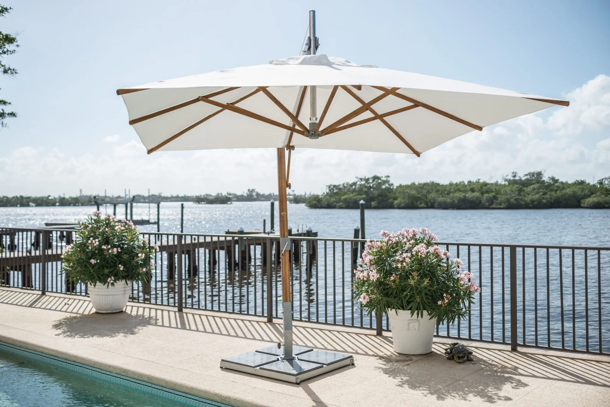 Bambrella 8.5' Square Sirocco Side Wind Bamboo Manual Lift Cantilever Umbrella