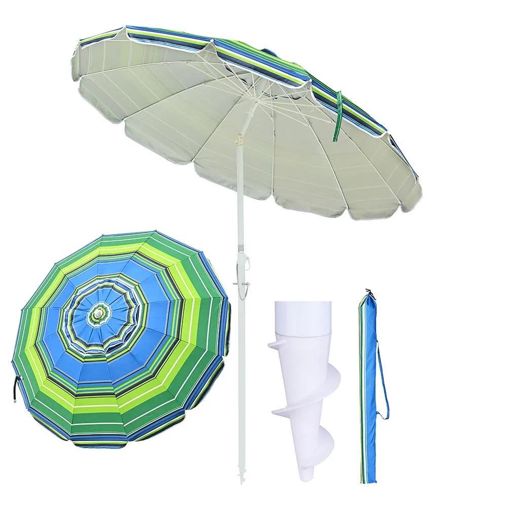 Beach Umbrella w/ Sand Anchor 8ft Tilt 12-Rib
