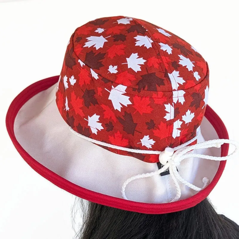 Canada Sunblocker UV summer sun hat with wide brim, Canada red, burgundy and white maple leaves, adjustable fit