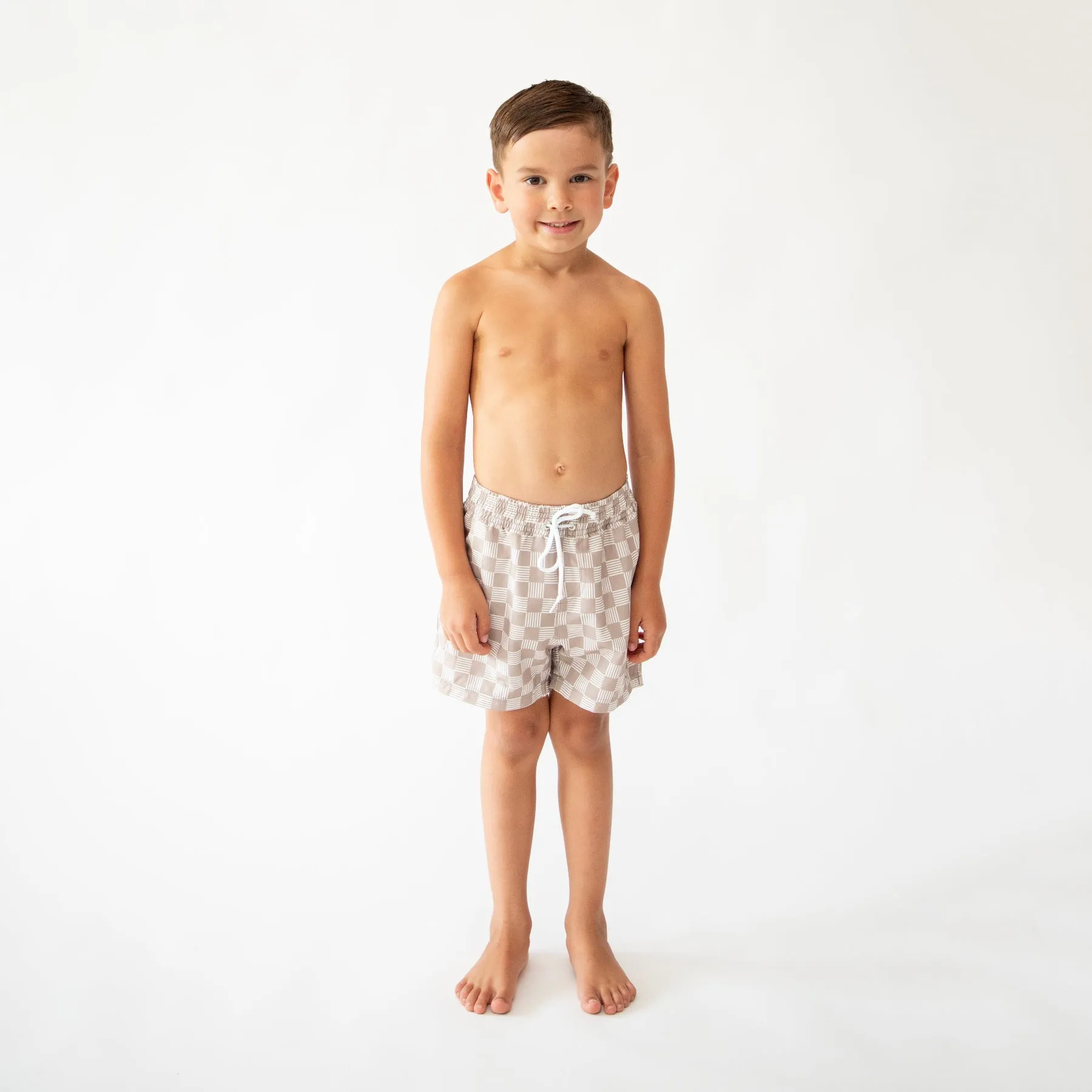 Dark Taupe Checkered Lines Swim Trunks
