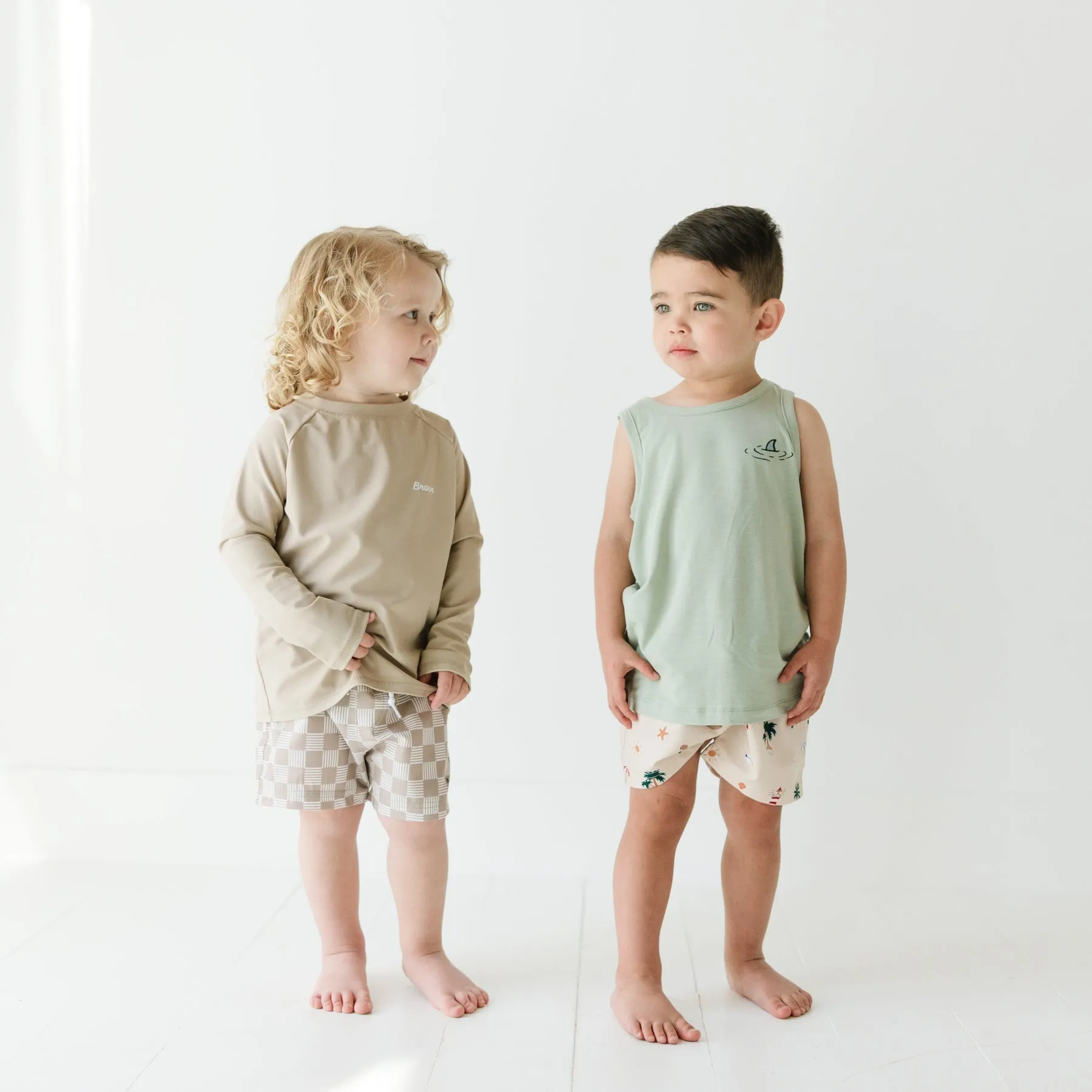 Dark Taupe Checkered Lines Swim Trunks