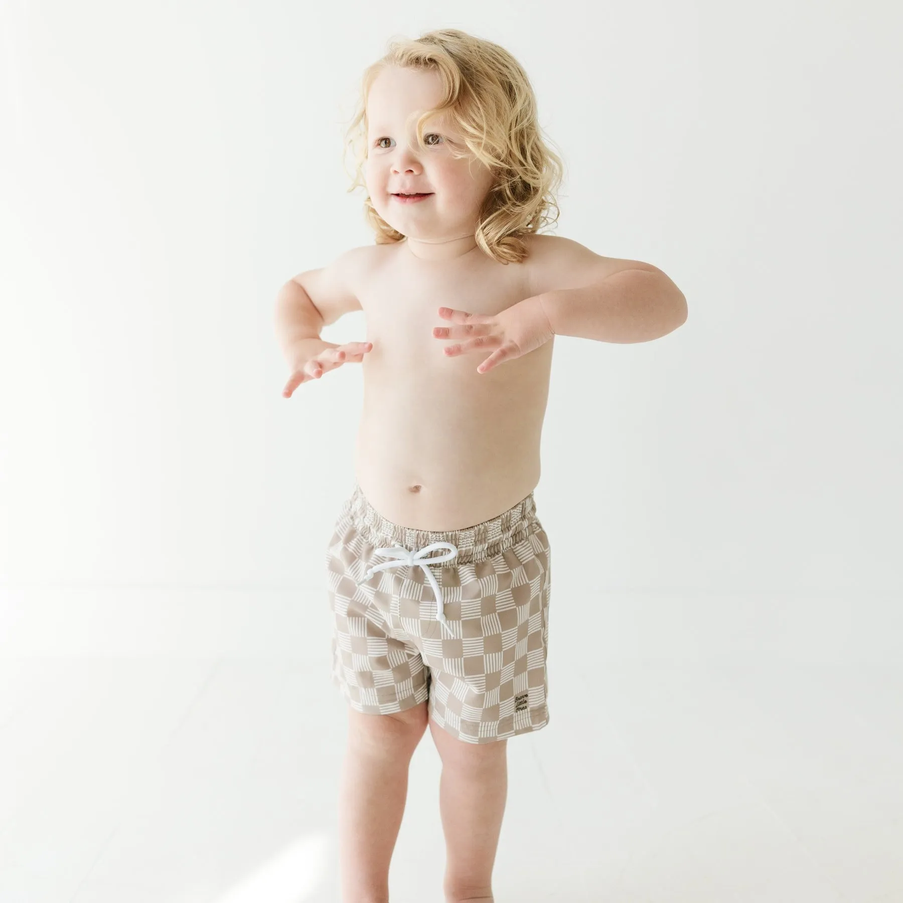 Dark Taupe Checkered Lines Swim Trunks