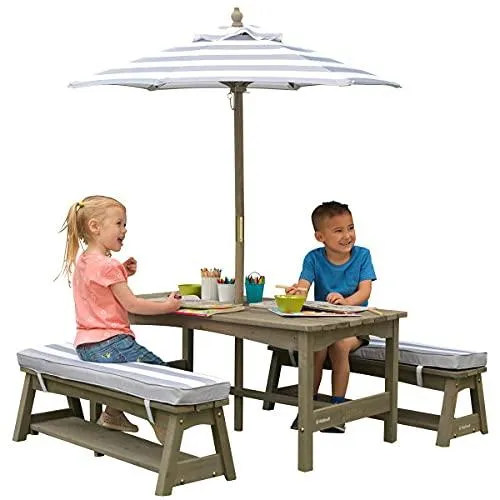 KidKraft Outdoor Table & Bench Set with Cushions and Umbrella Gray & White Stripes