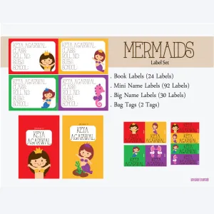 Label Set <br/>Mermaid Theme<br><span style="font-size: 11px; font-family:Helvetica,Arial,sans-serif;">Assorted pack containing 146 labels and 2 bag tags </span>