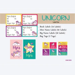 Label Set<br/>Unicorn Theme<br><span style="font-size: 11px; font-family:Helvetica,Arial,sans-serif;">Assorted pack containing 146 labels and 2 bag tags </span>